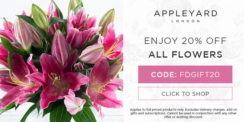 Use discount code FDGIFT20 for 20% off all full priced bouquets at Appleyard London. Excludes delivery charges & add-on gifts, subscriptions, hampers, and alcohol