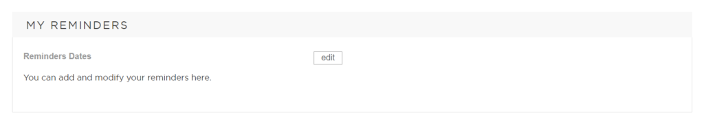 Screenshot of Appleyard London 'My Reminders' section in account settings.
