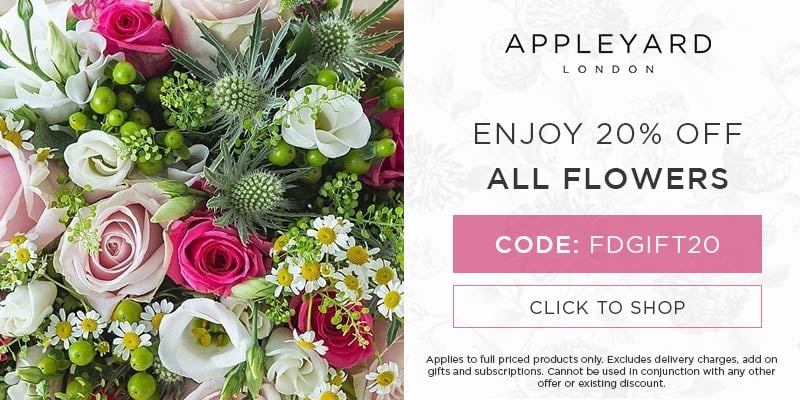 Use discount code FDGIFT20 for 20% off all full priced bouquets at Appleyard London. Excludes delivery charges & add-on gifts, subscriptions, hampers, and alcohol