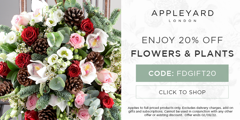 Use discount code FDGIFT20 for 20% off all full priced bouquets & plants at Appleyard London.