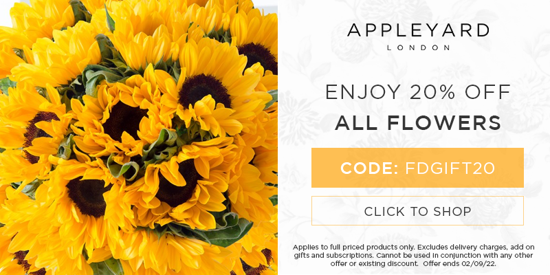 Use discount code FDGIFT20 for 20% off all full priced bouquets & plants at Appleyard London.