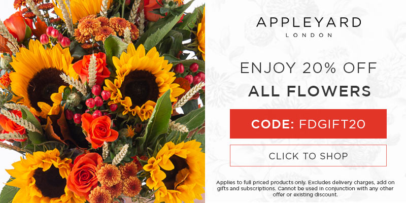 Use discount code FDGIFT20 for 20% off all full priced bouquets at Appleyard London. Excludes delivery charges & add-on gifts, subscriptions, hampers, and alcohol