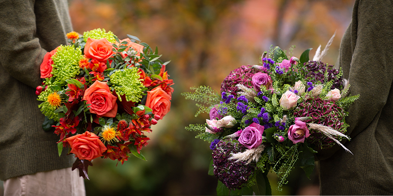 Outside scene against an autumn backdrop. Two figures at waist height hold large bouquets, close up so the bouquets are the focus. The righmost arrangement contains pink and purple stems contrasted against the strong orange and green of the flowers on the left.
