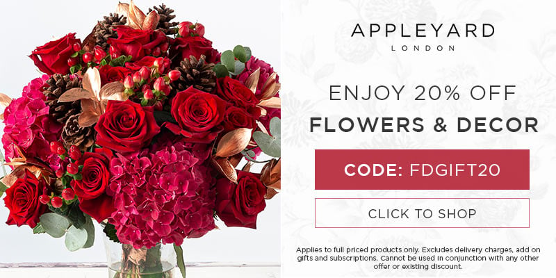 Use discount code FDGIFT20 for 20% off all full priced bouquets at Appleyard London. Excludes delivery charges & add-on gifts, subscriptions, hampers, and alcohol