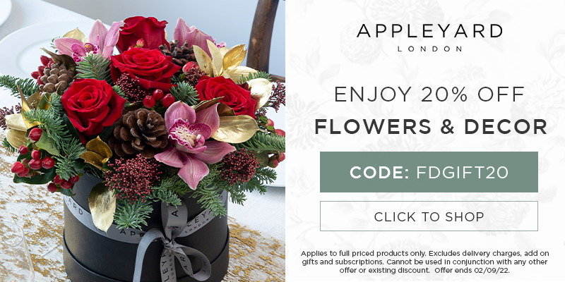 Use discount code FDGIFT20 at the checkout for 20% off all full priced bouquets and Christmas decor at Appleyard London. Offer ends 02/09/2022.