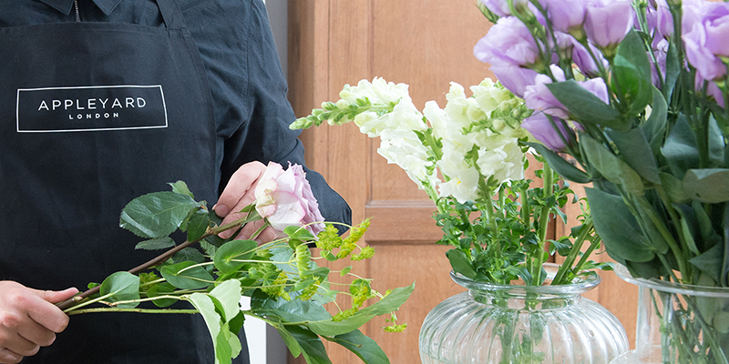 A florist wearing an Appleyard branded apron prepares a single rose for arrangement. There is a large bunch of lilac lisianthus in the front of the image to the right and white stocks in a vase in the midground