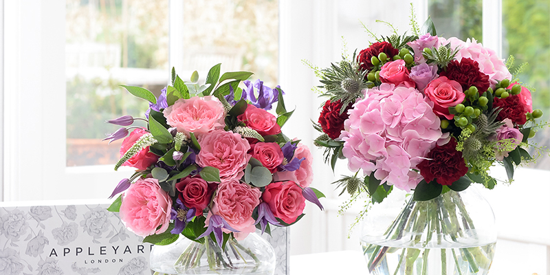 Two large bouquets in vases, the right contains big light pink hydrangeas with darker roses and carnations, the left has roses and carnations too in dark pink as well as purple clematis and foliage. An Appleyard box sits in the lower left of the image