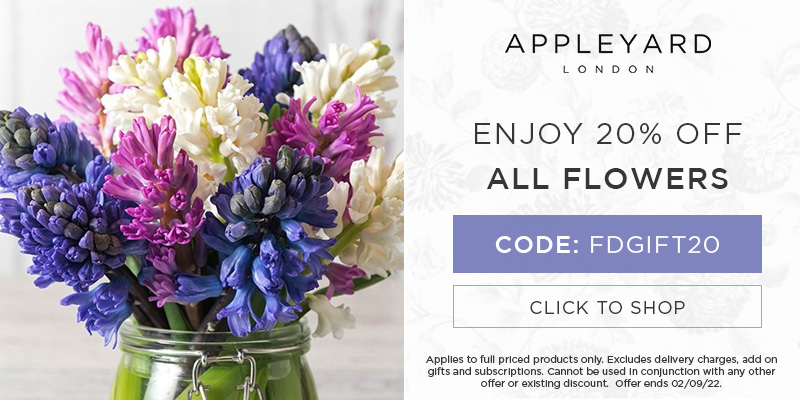 Enjoy 20% off all full priced bouquets at Appleyard London with code FDGIFT20 at the checkout. Expires 02/09/2022.