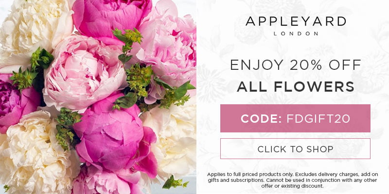 Use discount code FDGIFT20 for 20% off all full priced bouquets at Appleyard London. Excludes delivery charges & add-on gifts, subscriptions, hampers, and alcohol