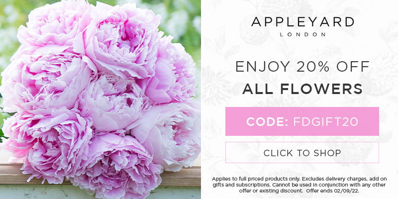 Use code FDGIFT20 for 20% off full priced bouquets at Appleyard London. Expires 02/09/22. Code cannot be used in conjunction with any other offer or existing discount.