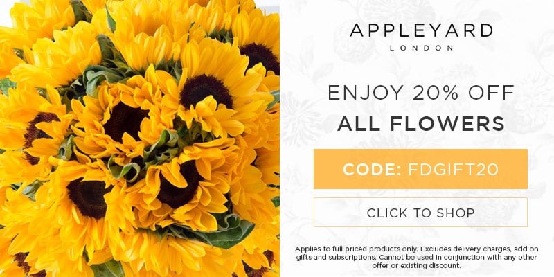 Use discount code FDGIFT20 for 20% off all full priced bouquets at Appleyard London. Excludes delivery charges & add-on gifts, subscriptions, hampers, and alcohol