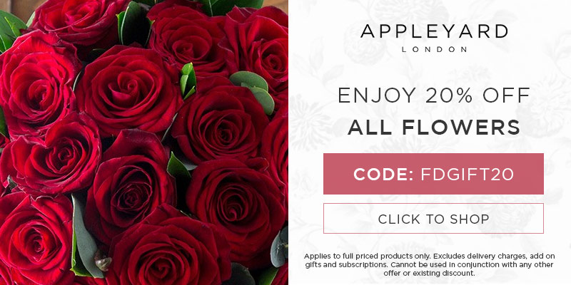 Use discount code FDGIFT20 for 20% off all full priced bouquets at Appleyard London. Excludes delivery charges & add-on gifts, subscriptions, hampers, and alcohol