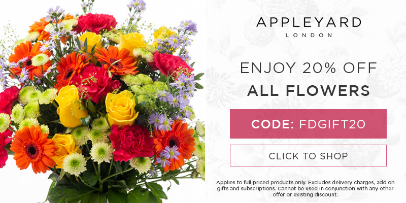 Use discount code FDGIFT20 for 20% off all full priced bouquets at Appleyard London. Excludes delivery charges & add-on gifts, subscriptions, hampers, and alcohol