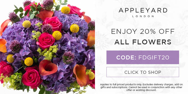 Use discount code FDGIFT20 for 20% off all full priced bouquets at Appleyard London. Excludes delivery charges & add-on gifts, subscriptions, hampers, and alcohol