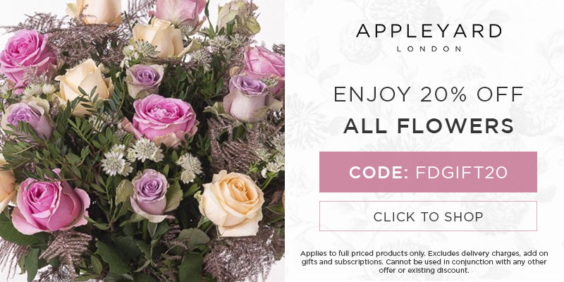 Use discount code FDGIFT20 for 20% off all full priced bouquets at Appleyard London. Excludes delivery charges & add-on gifts, subscriptions, hampers, and alcohol