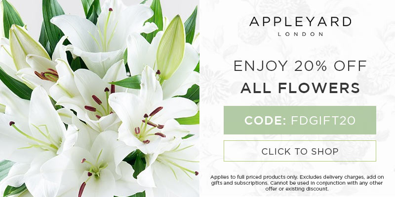 Use discount code FDGIFT20 for 20% off all full priced bouquets at Appleyard London. Excludes delivery charges & add-on gifts, subscriptions, hampers, and alcohol