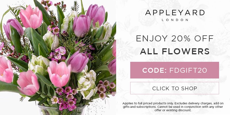 Use discount code FDGIFT20 for 20% off all full priced bouquets at Appleyard London. Excludes delivery charges & add-on gifts, subscriptions, hampers, and alcohol