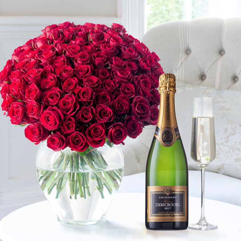 Flowers & Champagne - 100 Luxury Red Roses & Champagne Dericbourg - Next Day Flower & Gift Delivery UK - Appleyard London