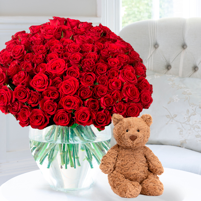 Flowers & Jellycat - 100 Luxury Red Roses & Jellycat Bartholomew Bear - Next Day Flower & Gift Delivery UK - Appleyard London