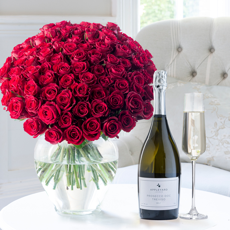 Flower Gift Set 100 Red Roses & Prosecco - Roses & Prosecco Gift Set - UK Next Day Roses & Prosecco Delivery - Next Day Flower & Gift Delivery UK -