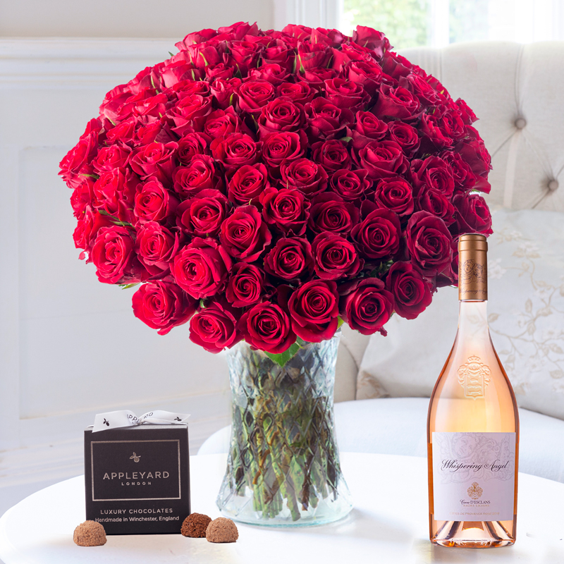 Flower Gift Set - 100 Luxury Red Roses, Whispering Angel & 12 Mixed Truffles - Mother's Day Flower & Gift Delivery UK - Appleyard London