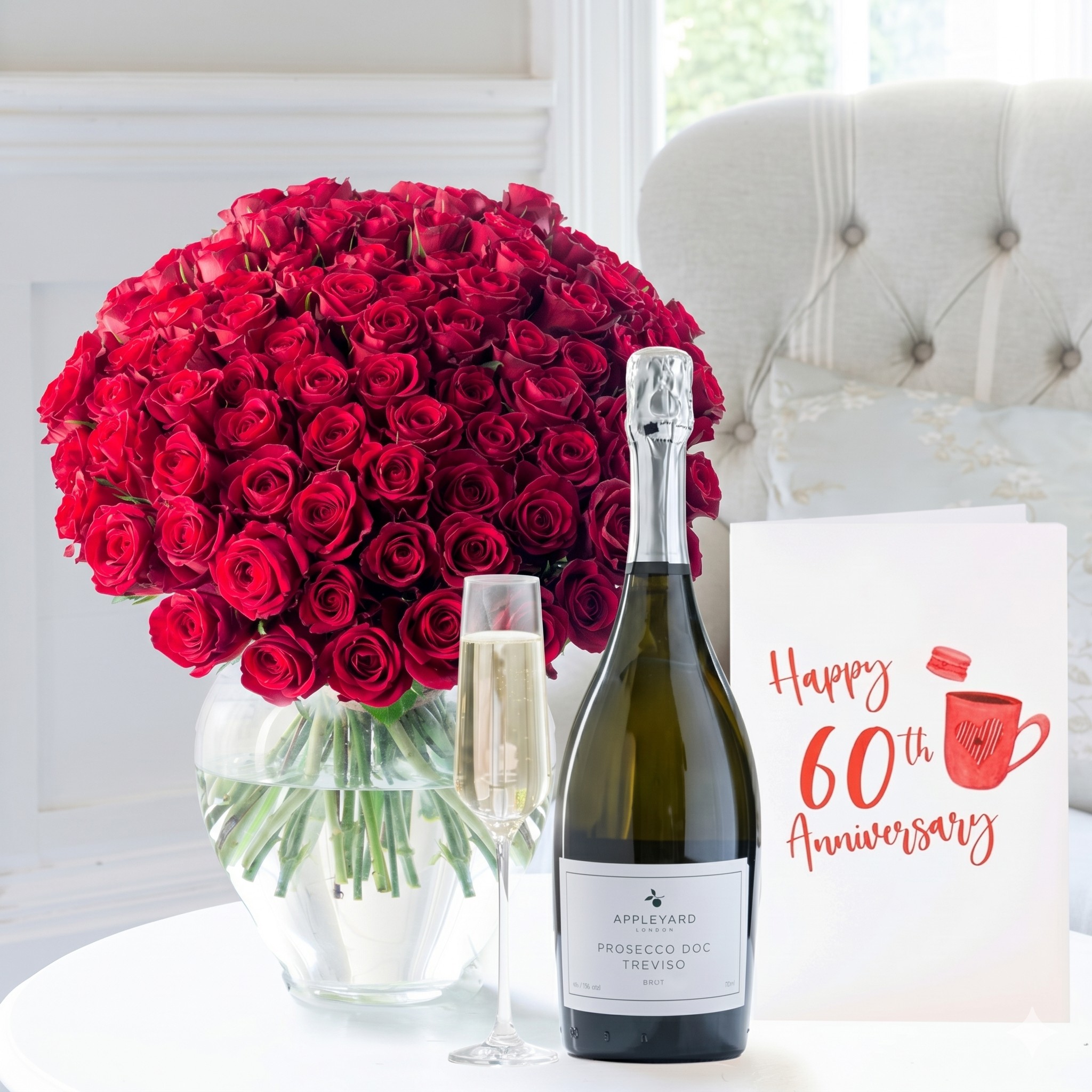 60th Anniversary Gift Flower Gift Set - 100 Red Roses, Appleyard Prosecco & Anniversary Card - Next Day Flower & Gift Delivery UK - Appleyard London