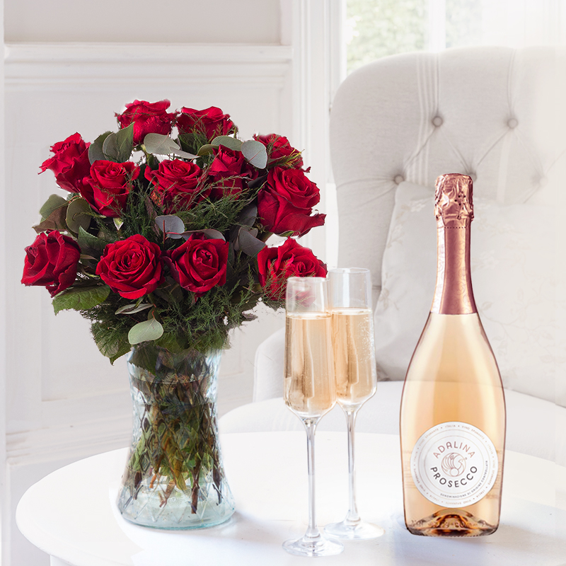 Flower Gift Set 12 Luxury Red Roses & Rosé Prosecco - Roses & Prosecco Gift Set - Next Day Flower & Gift Delivery UK - Appleyard London