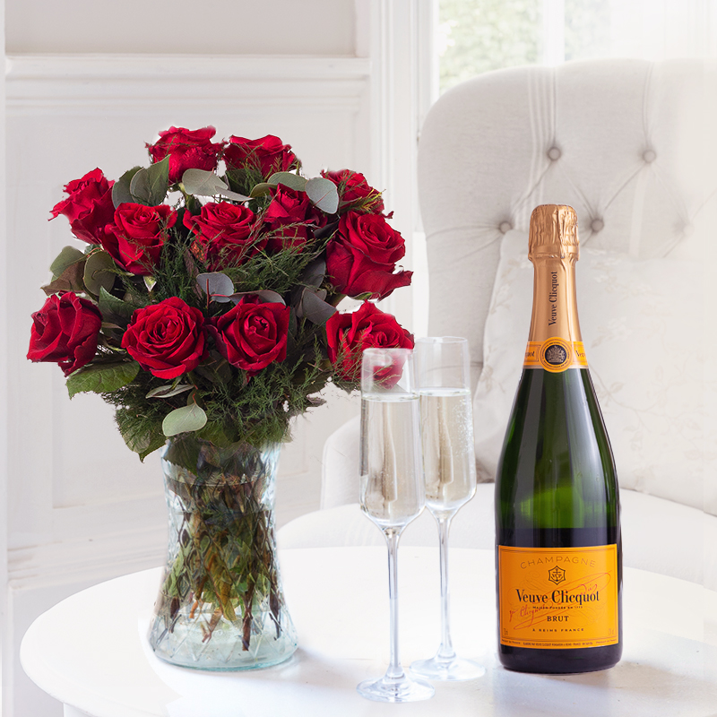 Flowers & Champagne 12 Luxury Red Roses & Veuve Clicquot Champagne - Next Day Flower & Gift Delivery UK - Appleyard London