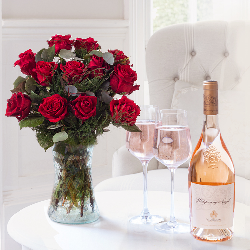 Flower Gift Set 12 Luxury Red Roses & Whispering Angel Rosé Wine - Whispering Angel Gift Set - Next Day Flower & Gift Delivery UK