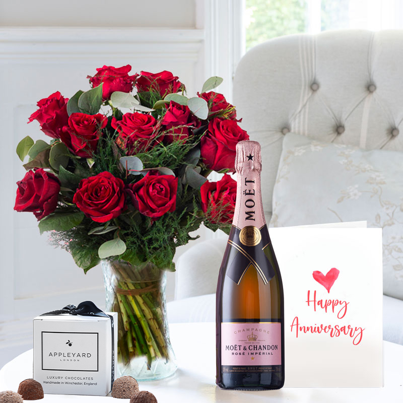 Anniversary Flower Gift Set - 12 Luxury Red Roses, Moët Rosé Moët Champagne, 6 Chocolate Truffles & Anniversary Card - Anniversary Gift - Anniversary