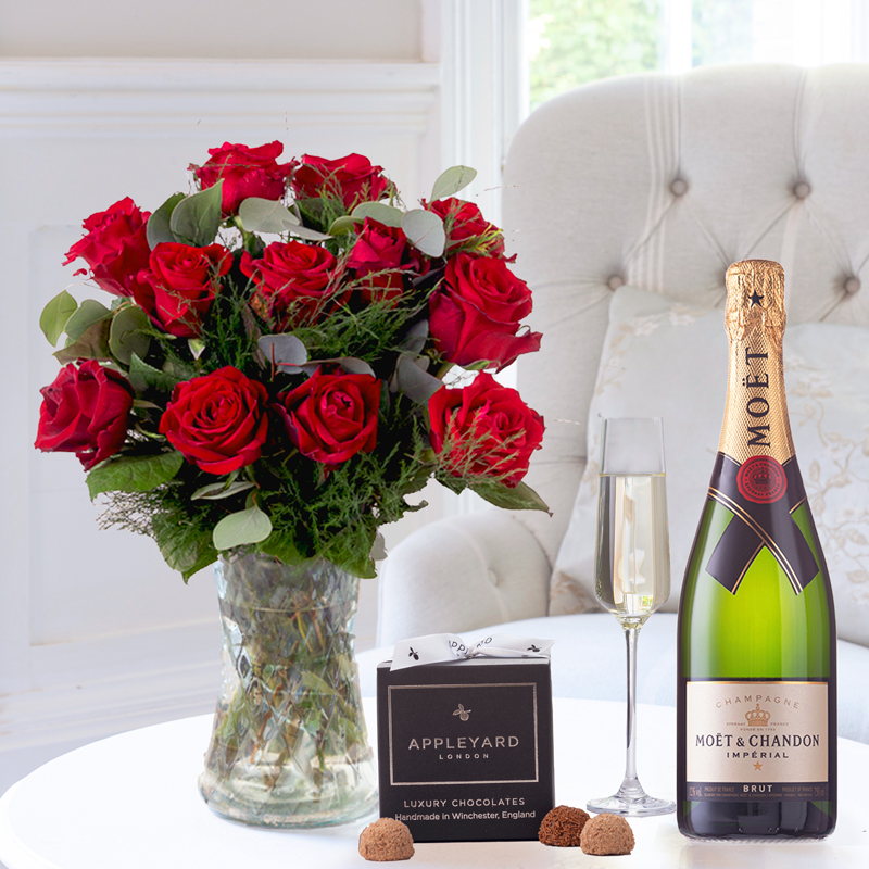 Flowers & Champagne - 12 Opulent Red Roses with Moët Moët Champagne & Luxury Truffles - Luxury Rose Bouquet Giftset - Next Day Flower & Gift Delivery