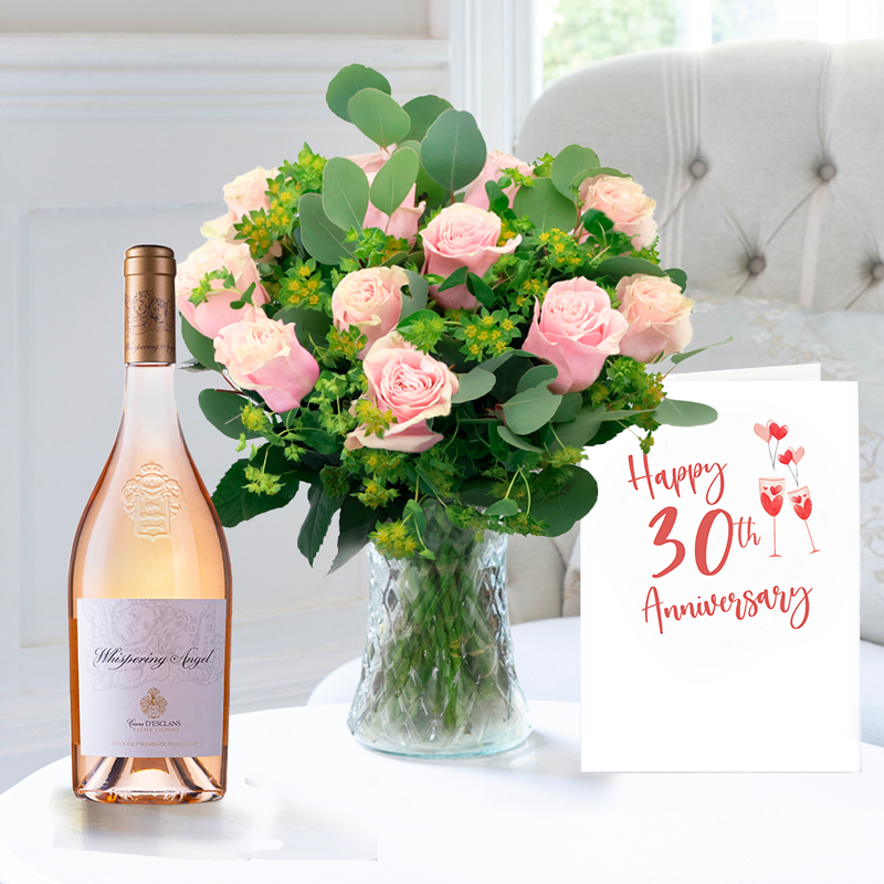 30th Anniversary Gift Flower Gift Set - Anniversary Gift - Pink Roses With Whispering Angel Wine - Next Day Flower & Gift Delivery UK - Appleyard