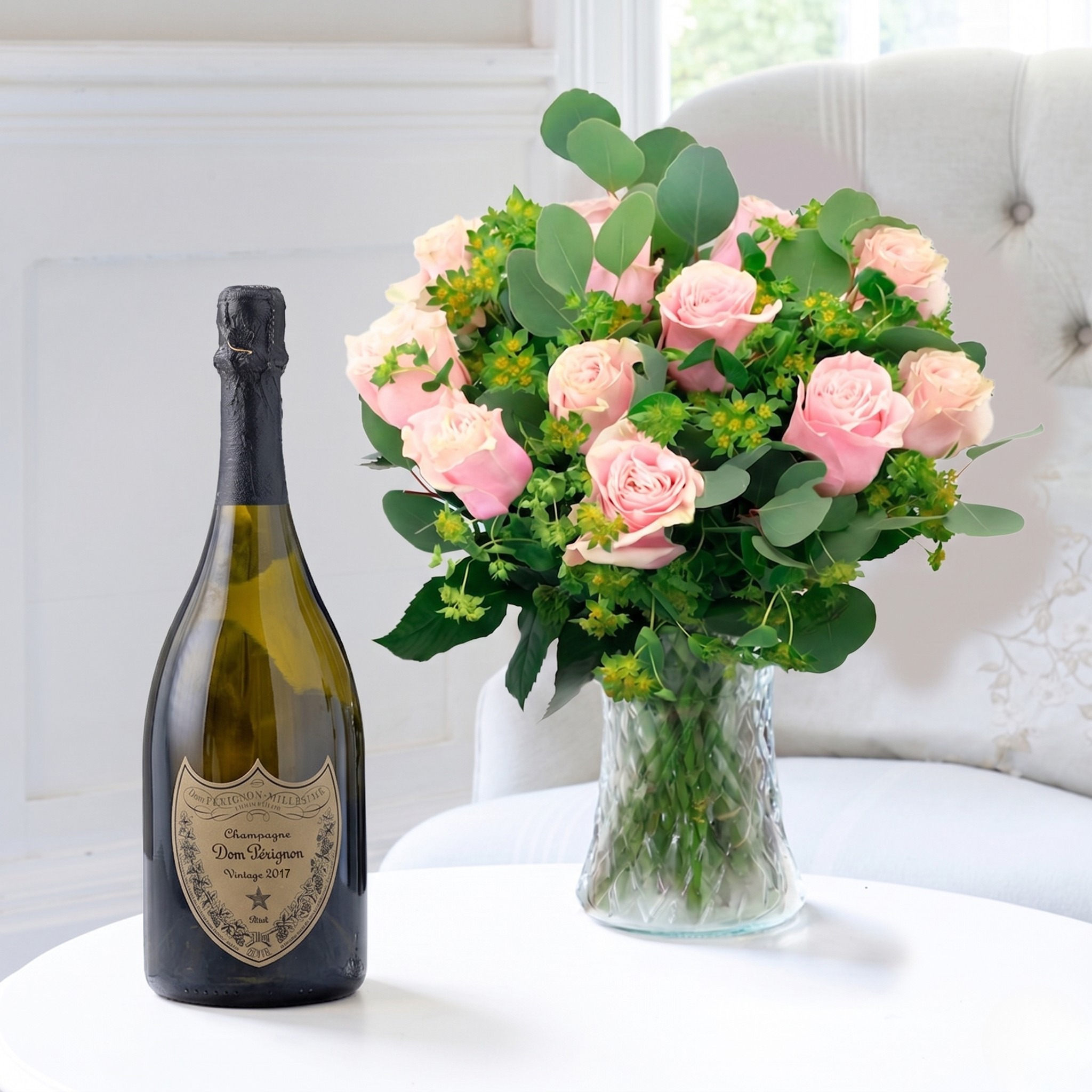 Flower Gift Set 12 Luxury Pink Roses & Dom Perignon Champagne - Roses & Champagne Gift Set - Next Day Flower & Gift Delivery UK - Appleyard London