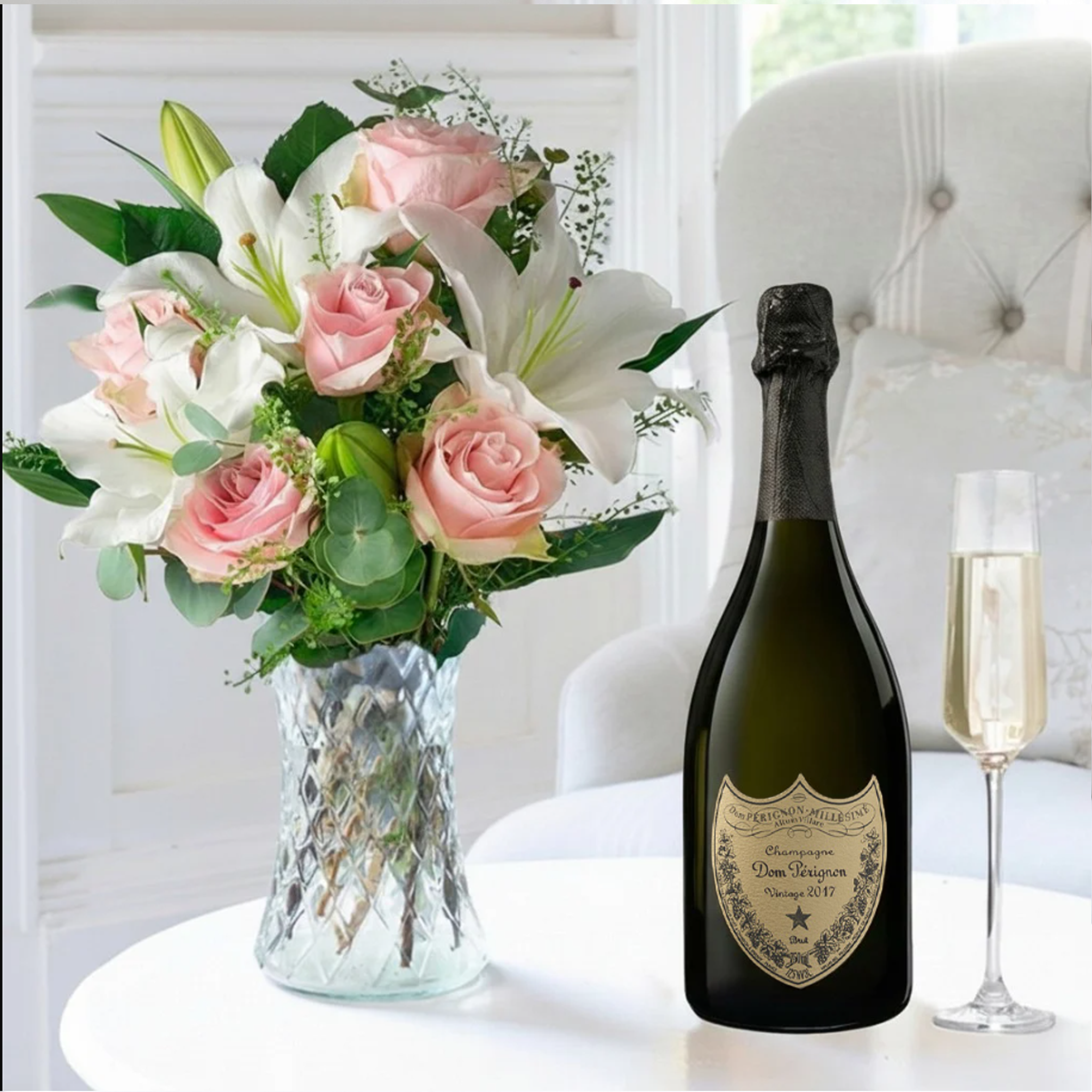 Flower Gift Set Simply Rose & Lily & Dom Perignon Champagne - Flowers & Champagne Gift Set - Eucalyptus & Lilies - Next Day Flower & Gift Delivery UK