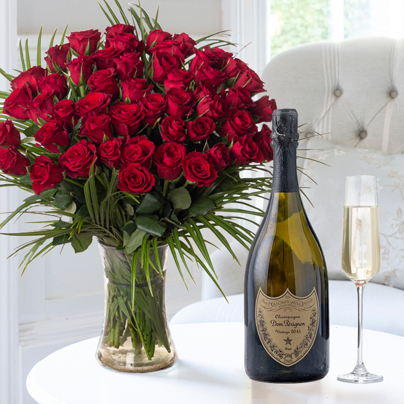 Flower Gift Set 50 Red Roses & Dom Perignon Champagne - Roses & Champagne Gift Set - Next Day Flower & Gift Delivery UK - Appleyard London