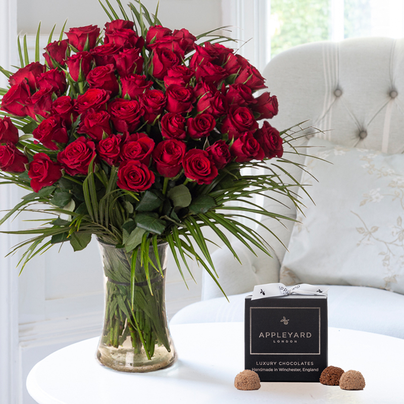 Flowers & Chocolates - 50 Luxury Red Roses & 12 Mixed Truffles - Next Day Flower & Gift Delivery UK - Appleyard London