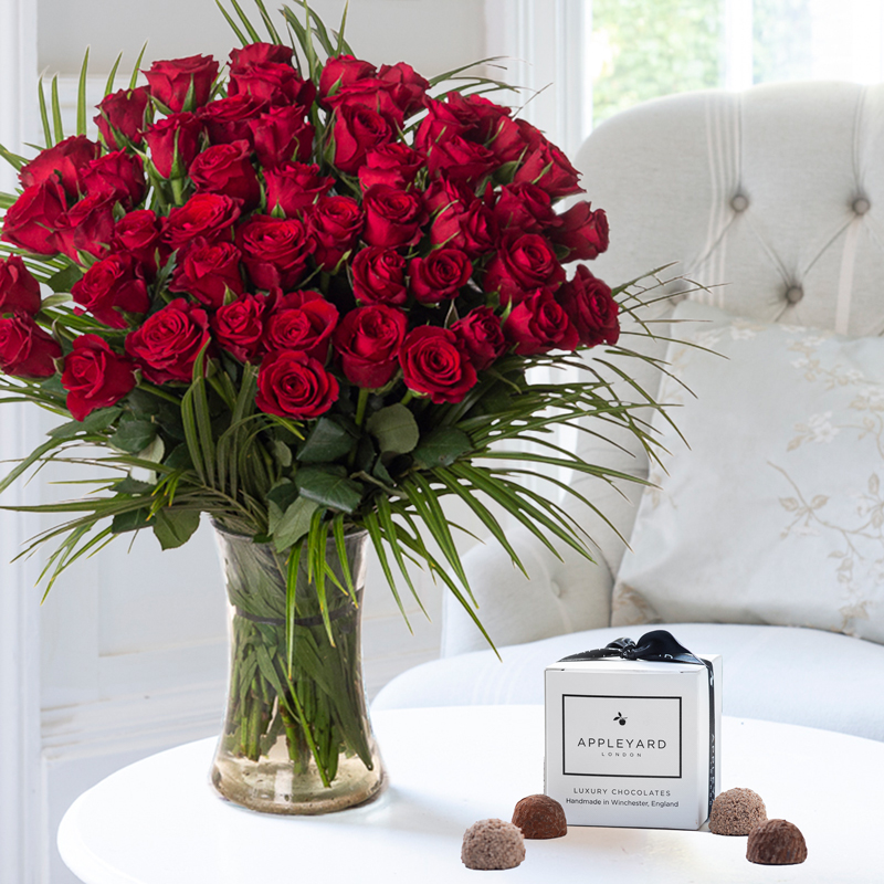 Flowers & Chocolates - 50 Luxury Red Roses & 6 Mixed Truffles - Next Day Flower & Gift Delivery UK - Appleyard London