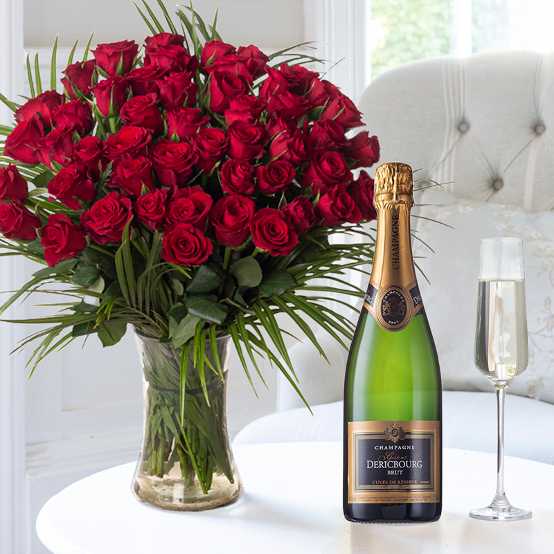 Flowers & Champagne - 50 Luxury Red Roses & Champagne Dericbourg - Next Day Flower & Gift Delivery UK - Appleyard London