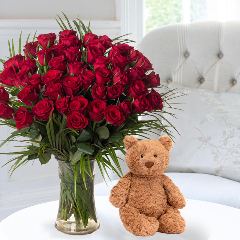 Flowers & Jellycat - 50 Luxury Red Roses & Jellycat Bartholomew Bear - Next Day Flower & Gift Delivery UK - Appleyard London