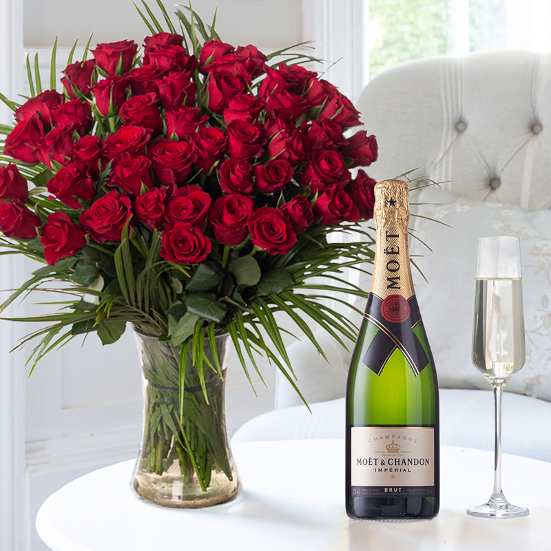 Flowers & Champagne 50 Red Roses with Moët & Chandon Champagne - Next Day Flower & Gift Delivery UK - Appleyard London