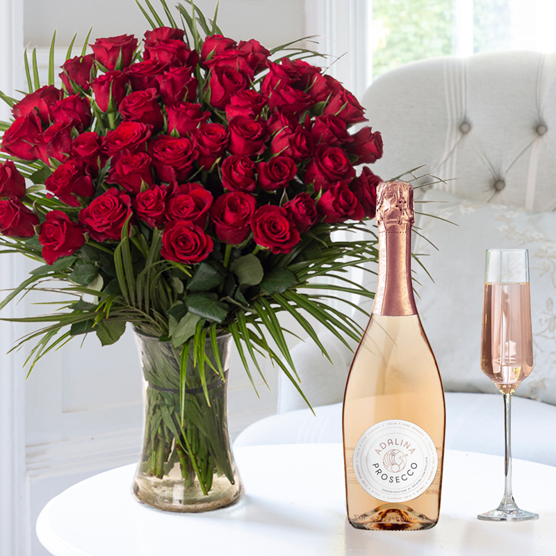 Flower Gift Set 50 Red Roses & Prosecco Rosé - Roses & Prosecco Gift Set - Next Day Flower & Gift Delivery UK - Appleyard London