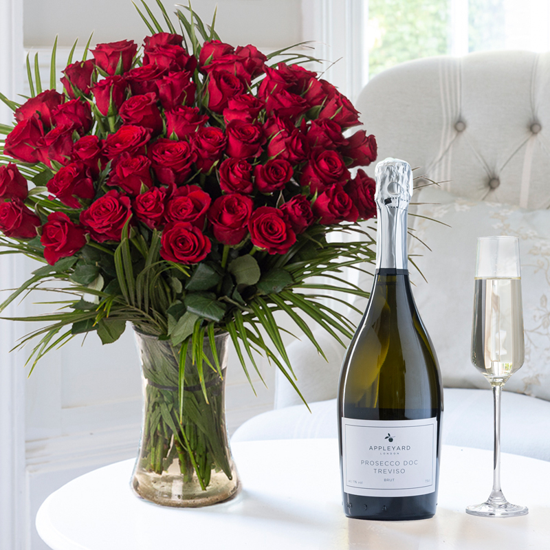Flower Gift Set 50 Red Roses & Prosecco - Roses & Prosecco Gift Set - Next Day Flower & Gift Delivery UK - Appleyard London