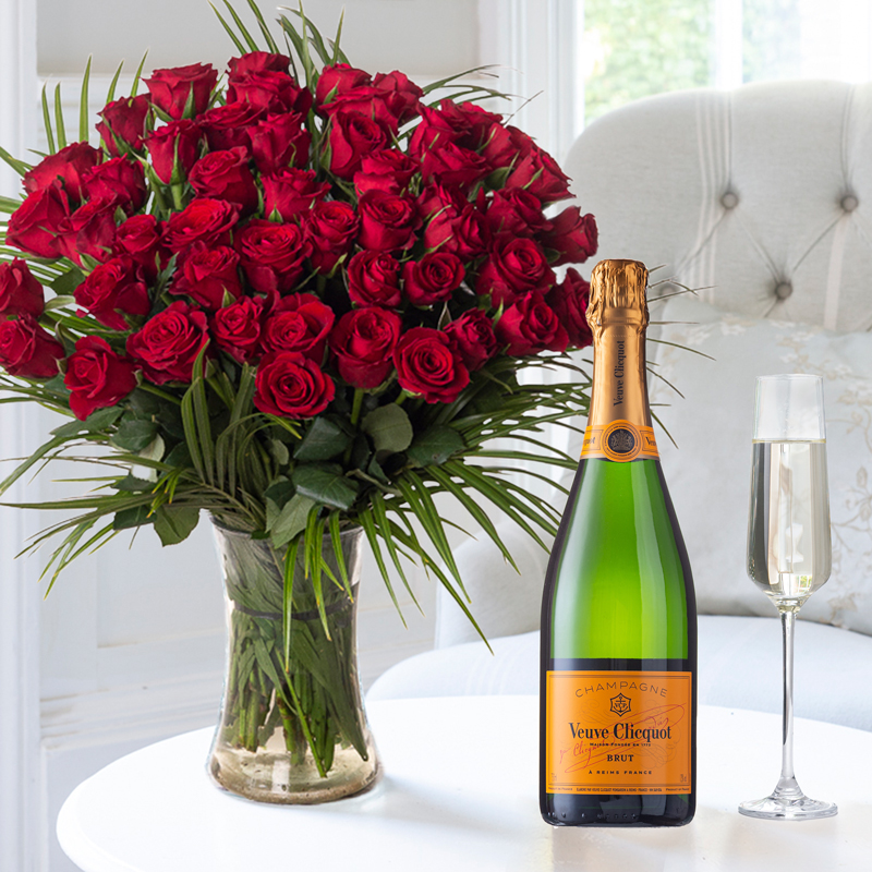 Flowers & Champagne 50 Red Roses & Veuve Clicquot Champagne - Next Day Flower & Gift Delivery UK - Appleyard London