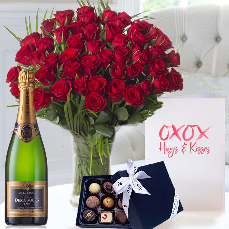 Flowers & Champagne - 50 Luxury Red Roses - Romantic Flowers - Next Day Flower & Gift Delivery UK - Appleyard London