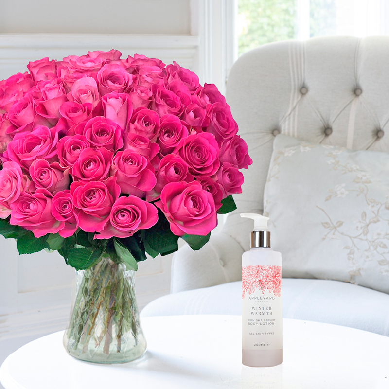 Romance Flower Gift Set - 50 Pink Roses, Truffles & Romance Card - Next Day Flower & Gift Delivery UK - Appleyard London