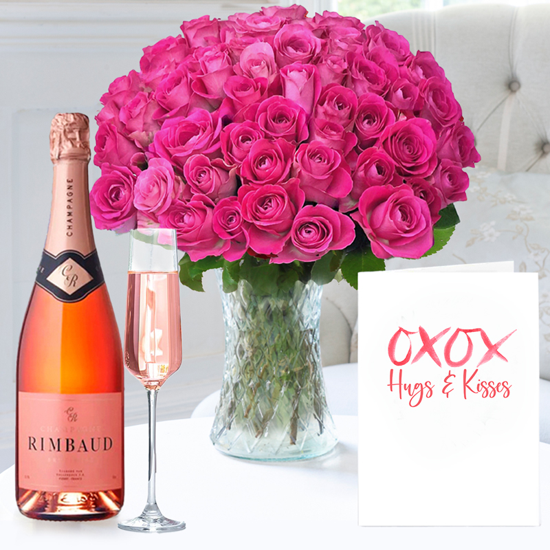 Romance Flower Gift Set - 50 Pink Roses & Champagne Rimbaud Brut Rosé & Romance Card - Hand-Tied Flowers - Next Day Flower & Gift Delivery UK