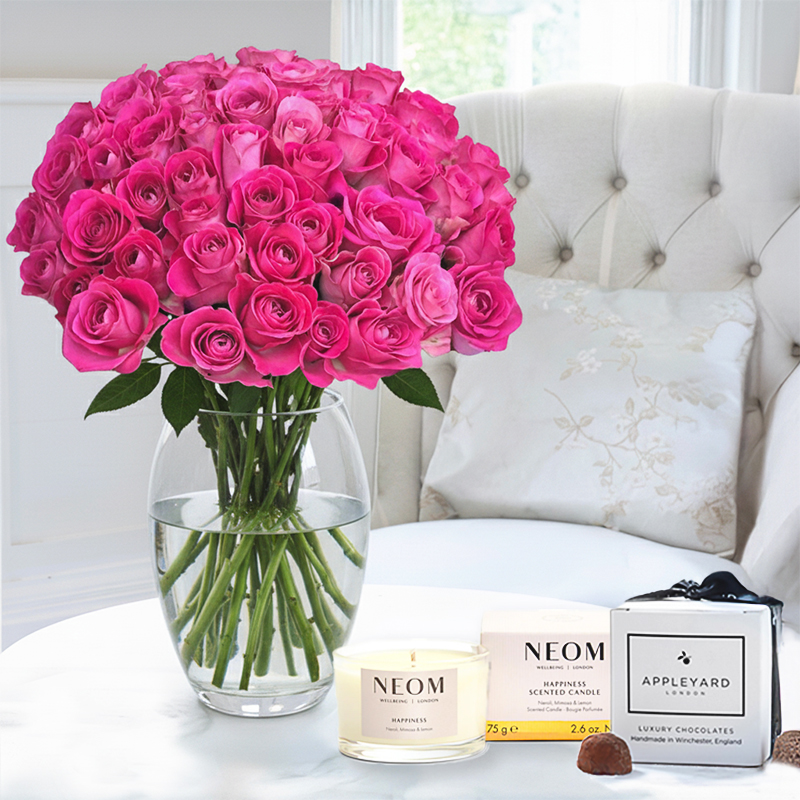 Flower Gift Set - 50 Pink Roses, NEOM Candle & Truffles - Next Day Flower & Gift Delivery UK - Appleyard London