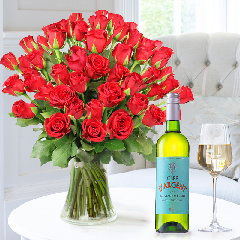 Flower Gift Set 50 Red Roses & Sauvignon Blanc - Next Day Roses & Wine Delivery - Next Day Flower & Gift Delivery UK - Appleyard London