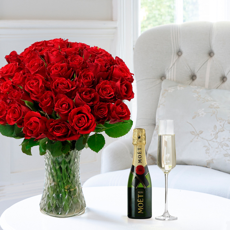 Flowers & Champagne - 50 Red Roses & Mini Moët & Chandon - Luxury Hand - Tied Bouquets & Gifts - Next Day Flower & Gift Delivery UK - Appleyard London