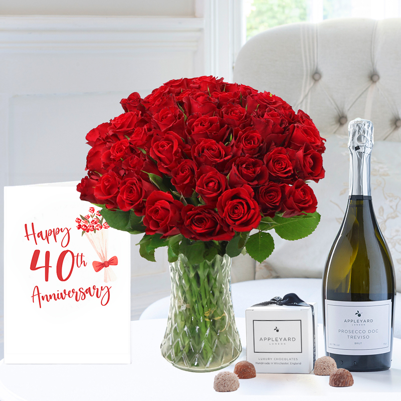40th Anniversary Gift Flower Gift Set - Anniversary Gift - Red Roses with Champagne & Truffles - Next Day Flower & Gift Delivery UK - Appleyard London